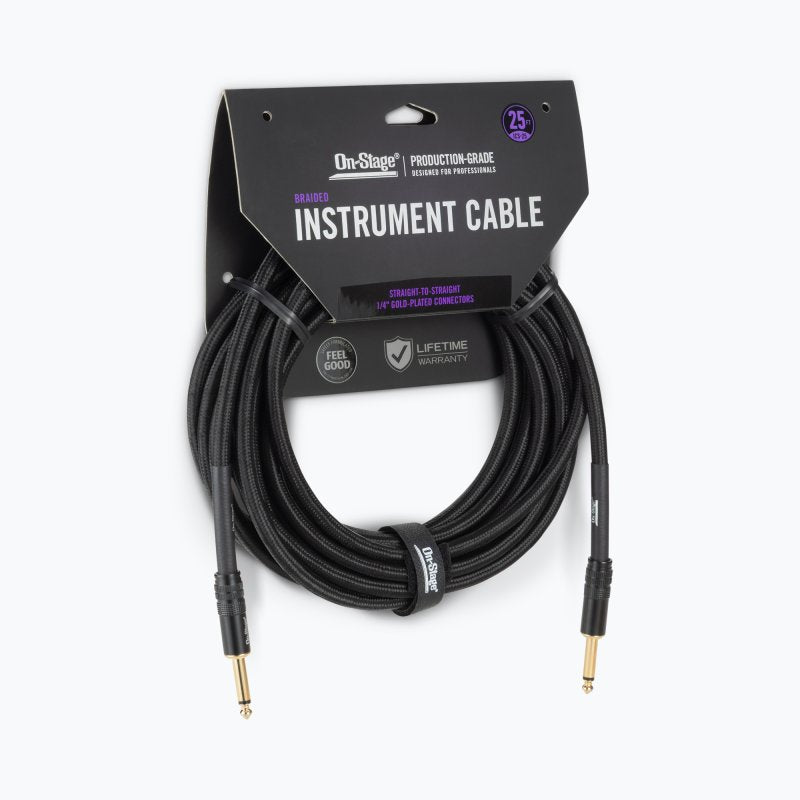 On-Stage OSPRO-ICS-25, Production-Grade Braided Instrument Cable (Straight to Straight) 25 ft, Gold-plated, Straight ¼" Connectors Connectors, 24 AWG Gauge, Oxygen-free copper, Braided Shielding Construction