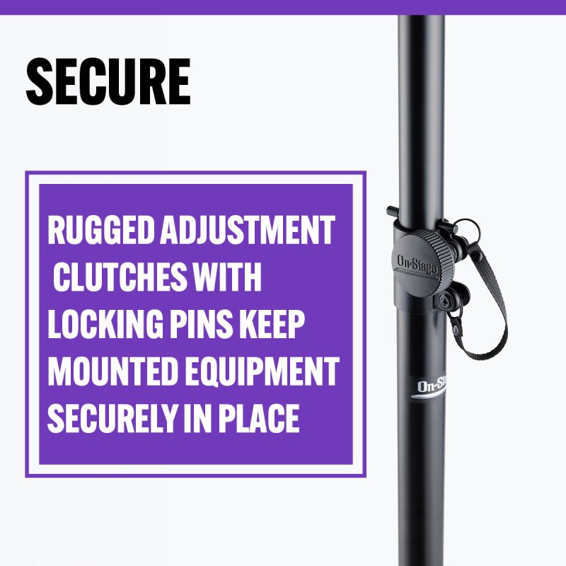 On-Stage SS8000, Production-Grade Speaker/Lighting Stand, Height Adjustment 55.51 - 98.42 in, 65 lb Weight Capacity, Steel with Metal Knob Material, Black, Includes 38mm Speaker Adapter, M10x35mm Bolt and Washer
