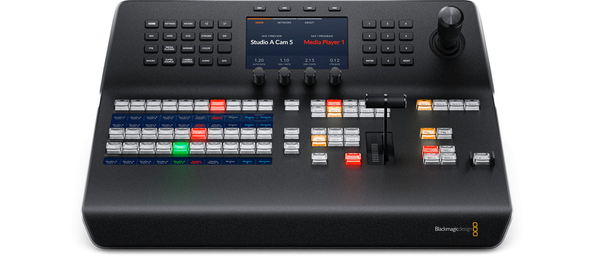 Blackmagic ATEM 1 M/E Advanced Panel 20, Larger 1 M/E hardware panel with 20 input buttons and 2 system control LCDs, plus buttons for control of 4 upstream keyers, 4 downstream keyers and 4 M/E rows
