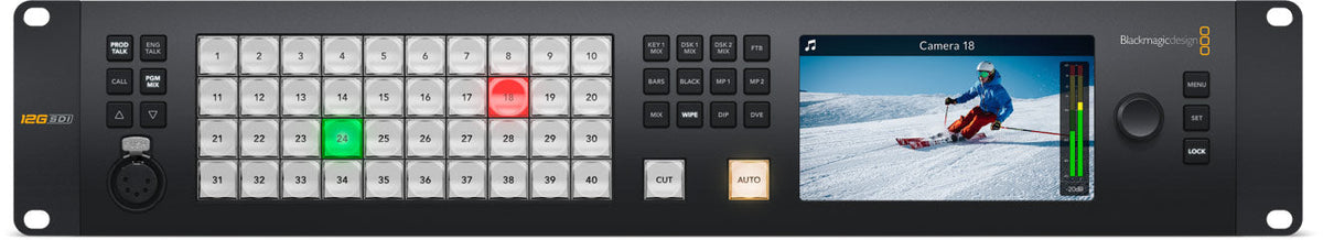 Blackmagic ATEM 4 M/E Constellation 4K Plus, Massive 4 M/E Ultra HD model has 80 standards converted 12G-SDI inputs, 48 x 12G-SDI dedicated outputs, 16 ATEM Advanced Keyers, 4 multi-views and 2 SuperSource for a total of 12 DVEs in a 4 RU design