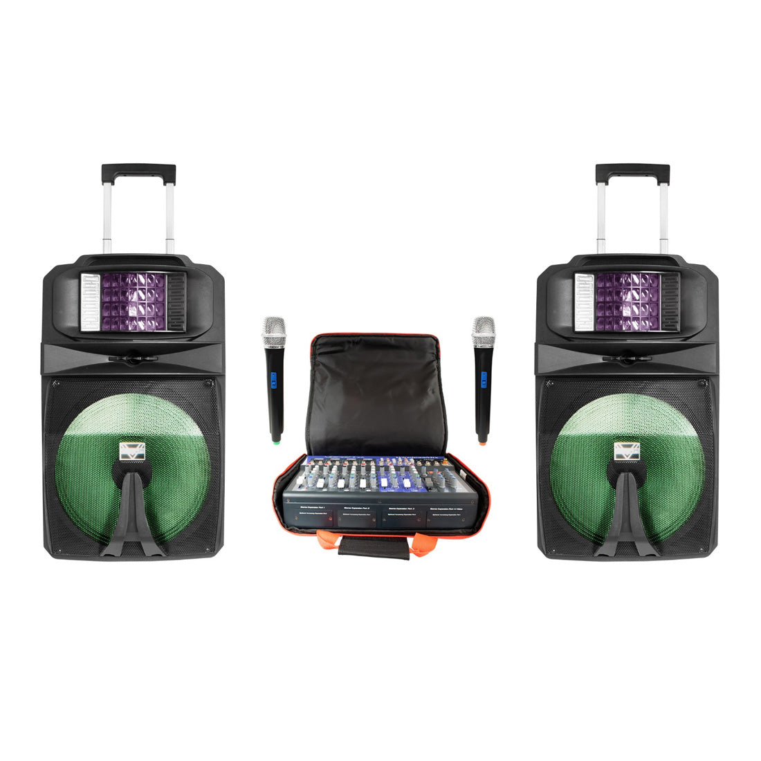 VocoPro BAND-GO - 2000W PA system with two digital wireless vocal microphones, eight channel mixer with DSP vocal effect and two 15-inch powered speakers with build-in derby light.