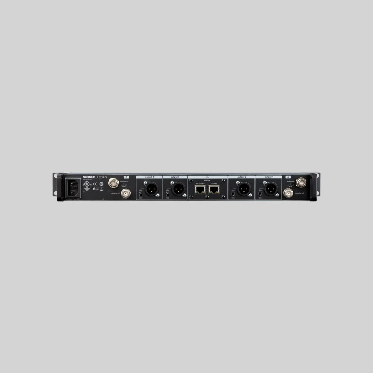 Shure ULXD4QGV-J50A, Quad-Channel Digital Wireless Receiver, Quad Digital Wireless Receiver with Always On AES256 Encryption, Internal Power Supply, 1/2 Wave Antenna and Rack Mounting Hardware, 572-620 MHz