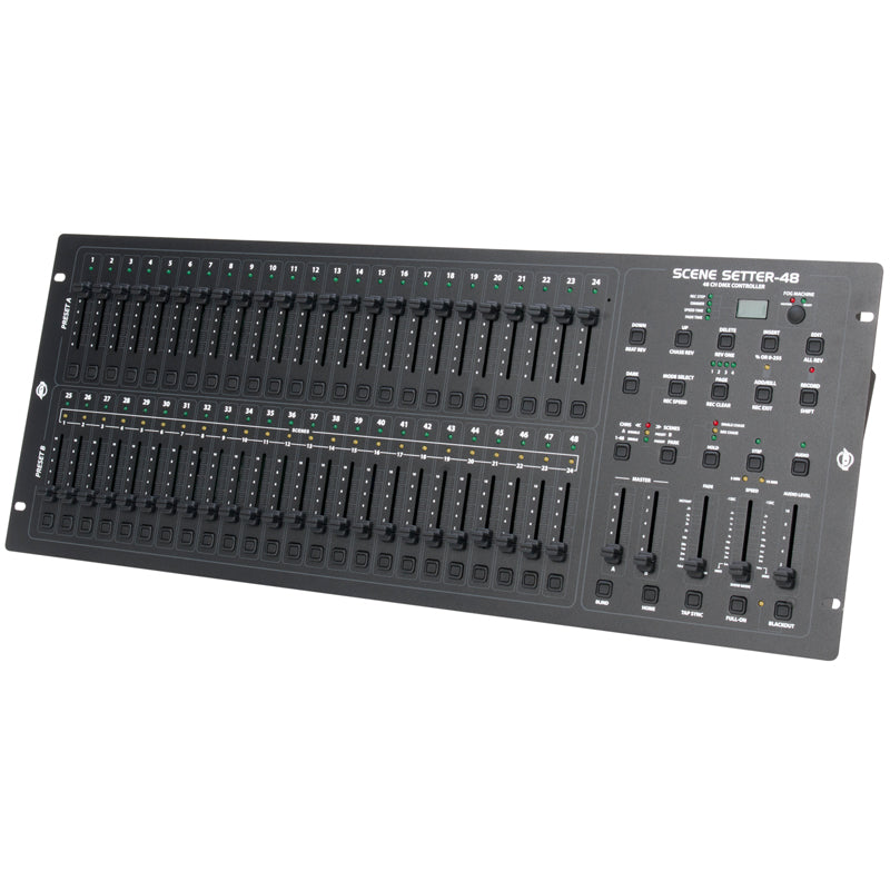 ADJ Scene Setter-48, 48 Ch. DMX Dimming Console, Midi, 4300 Programmable Scenes, 96 Recordable Chases. Audio, Fade, and Speed Controls