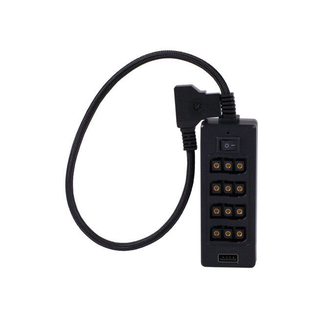 Blackhawk D-TAP to 4 Port D-TAP Hub with 1/4 inch-20 Thread, USB-A Output, Reversible D-TAP Ports, Power Switch, Black