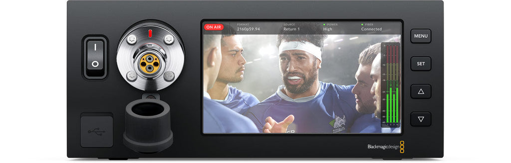 Blackmagic Camera Fiber Converter, Connect URSA Broadcast cameras to live production switchers using SMPTE fiber with all video, control connections and camera power on a single SMPTE fiber cable up to 2 km away!