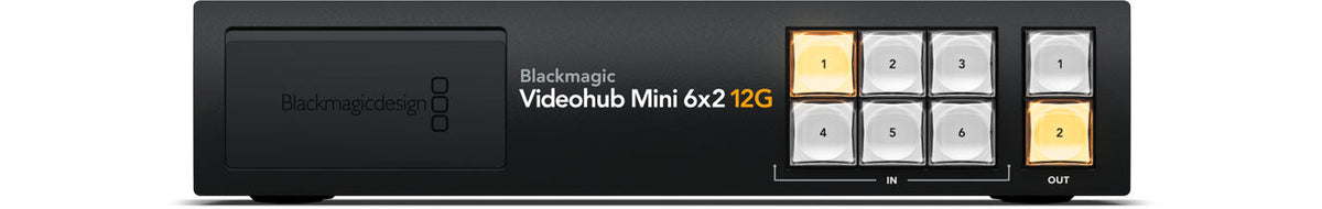 Blackmagic Videohub Mini 8x4 12G, The largest model is ⅔ rack width and features 8 x 12G-SDI inputs with loop outputs, 4 x 12G-SDI outputs and reference input for the clean switch