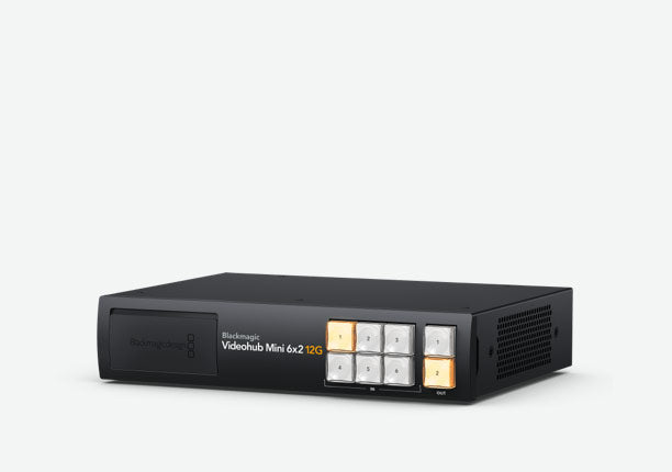 Blackmagic Videohub Mini 6x2 12G, This model is ½ rack width and features 6 x 12G-SDI inputs with loop out, 2 x 12G-SDI outputs and reference for locking clean switch outputs