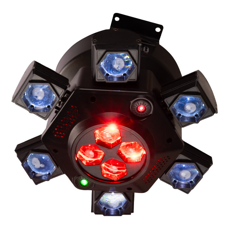 Eliminator Lighting CenterDroid, Multi-Effect Light with 10 x 15W RGBW 4-in-1 LEDs, 100mW Red and 50mW Green Lasers, Tilting Arms, Rotating Optics, 22 DMX Channels