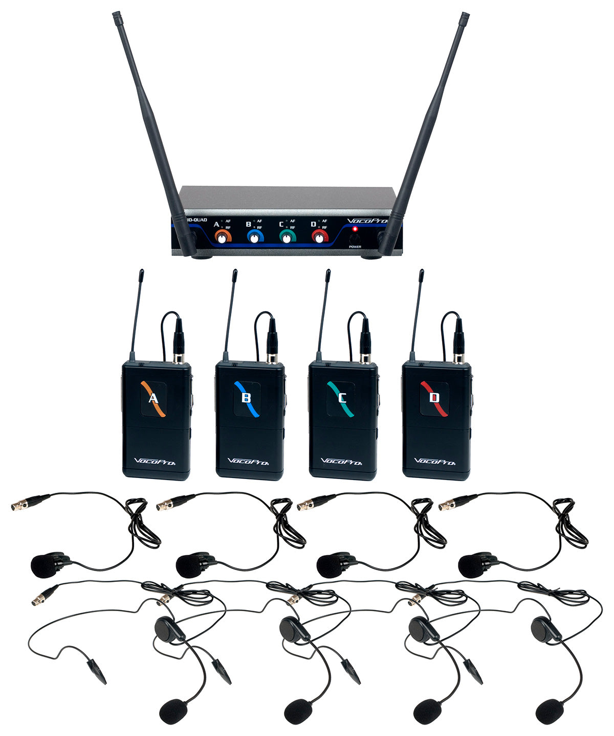 VocoPro Digital-Quad-B4 - Four Channel Wireless Headset & lapel Mic System "Mic-on-Chip" Technology