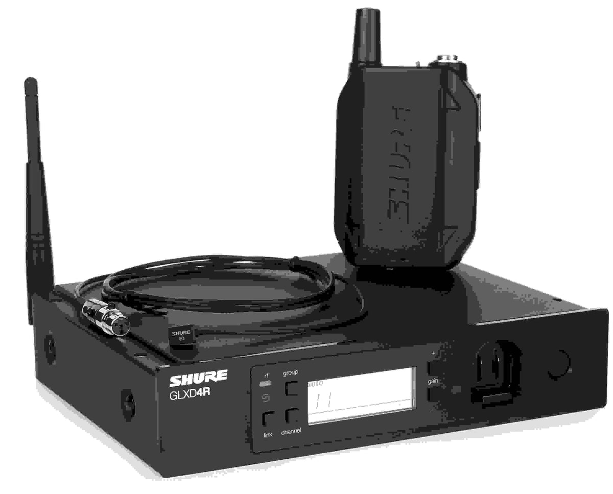 Shure GLXD14R+/93-Z3, The GLXD-D+ Dual Band Wireless Rack System features the miniature wearable WL93 lavalier microphone for spoken word applications and the GLXD4R+ half-rack receiver