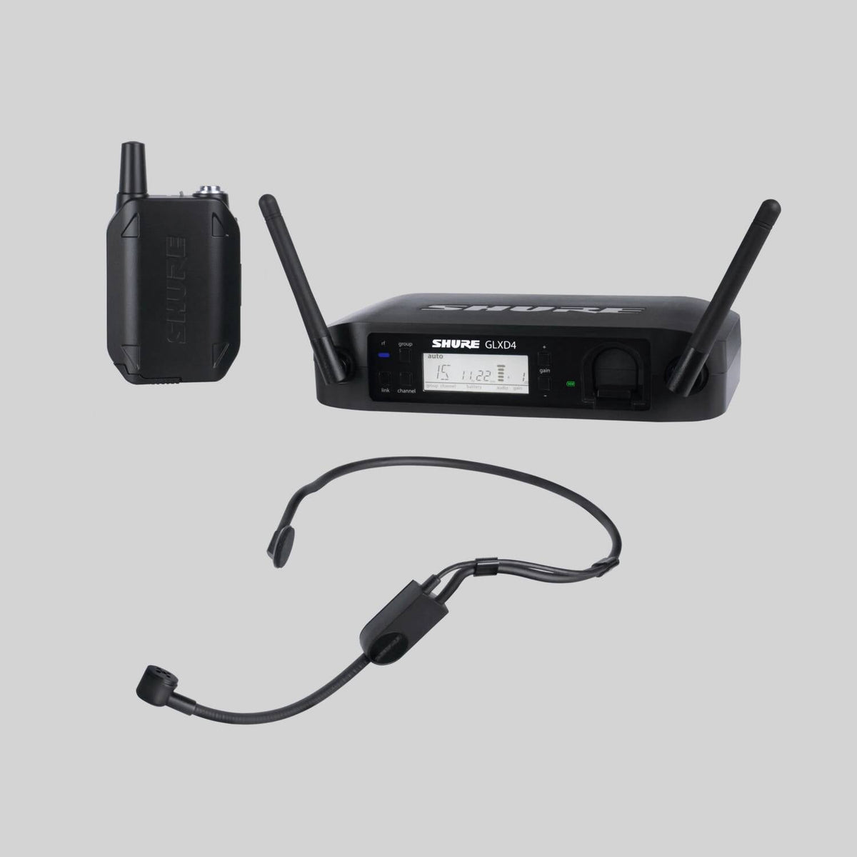Shure GLXD14+-Z3, GLXD14/PGA31 Headworn Wireless System, The GLXD-D+ Dual Band Wireless Bodypack System features the WA302 guitar cable and the GLXD4+ tabletop receiver