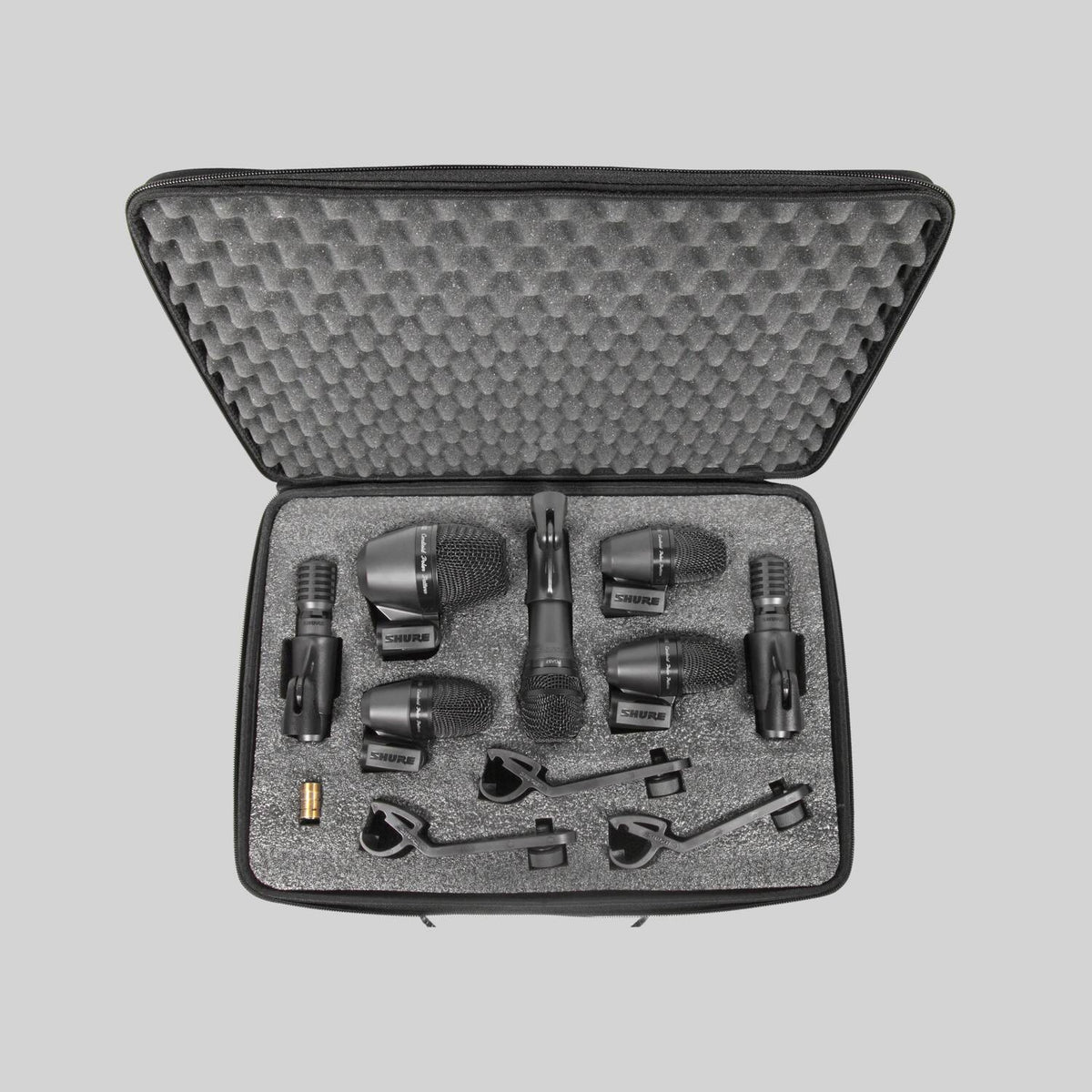 Shure PGADRUMKIT7, 7PC DRUMKIT PGA52, 57, 56(X3), 81(X2), 7-piece drum mic kit including 1-PGA52, 3-PGA56, 1-PGA57, 2-PGA81, 3-A25D stand adapters, 3-AP56DM drum mounts, 7 Xlr-xlr cables, case