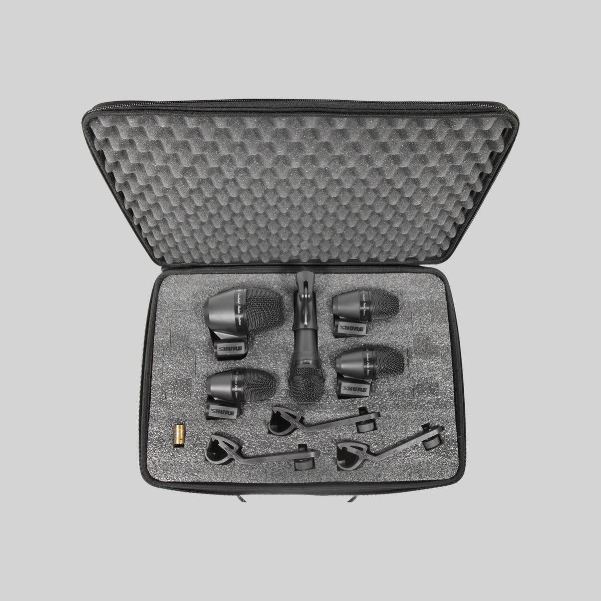 Shure PGADRUMKIT5, Drum Microphone Kit, 5-piece drum mic kit including 1-PGA52, 3-PGA56, 1-PGA57, 1-A25D stand adapter, 3-AP56DM drum mounts, 5 Xlr-xlr cables, case