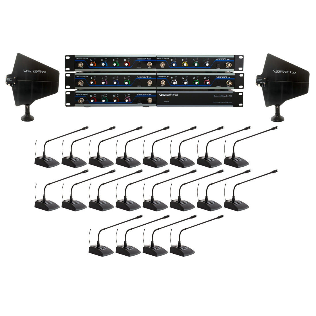 VocoPro Fin-Conference-20 - 20-User Long Range Digital Wireless Microphone Package with Conference Microphones and Active Antenna Distribution System
