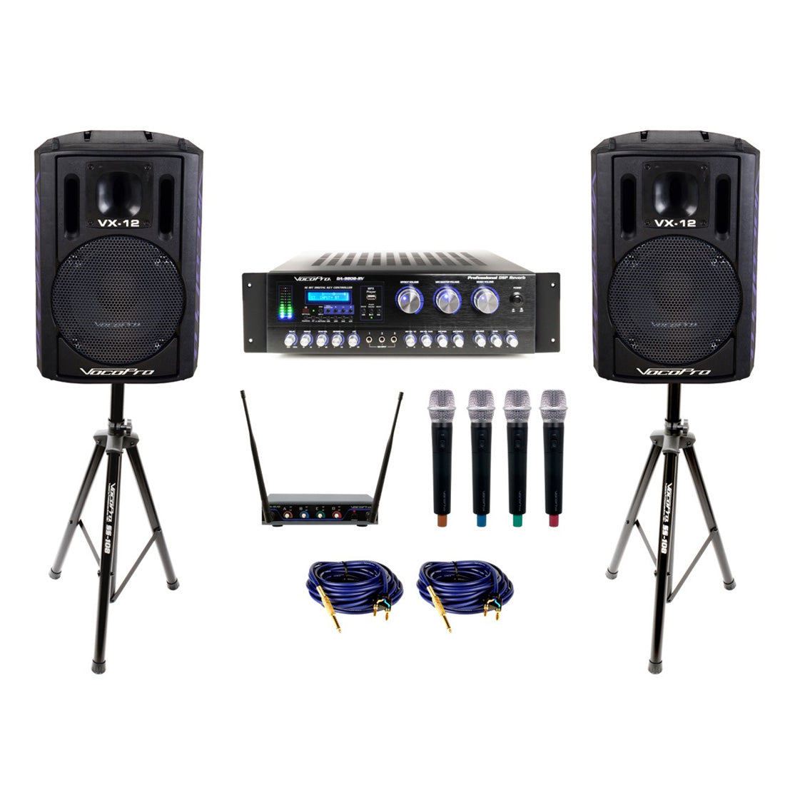 VocoPro KDJ-STAR - 600W Professional Karaoke System with 12" Vocal Speakers, Amplifier, and Four User UHF Wireless Microphones
