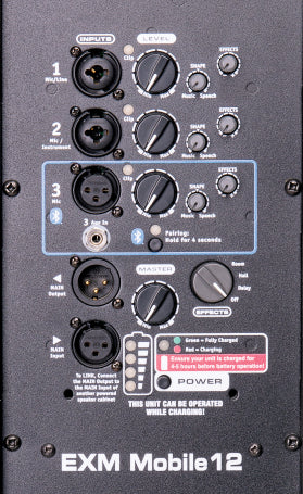 Excursion MOBILE 12" - a battery powered compact powered speaker. Featuring 1 X 12"woofer and a 1" compression driver, 3 channel mixer, LINK functionality, and 5.5 hours of battery life at full power!
