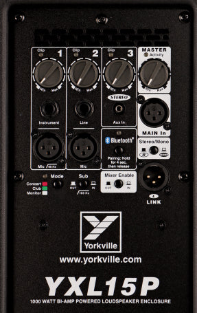 YXL 15” Powered Loudspeaker 1000 Watts peak (500 Watts program) 15” Woofer & 1” HF driver on 90°x60° horn – FOH/Monitor combo Polypropylene cabinet, Integrated 3 channel mixer with 1/4", XLR and 1/8" inputs, Bluetooth