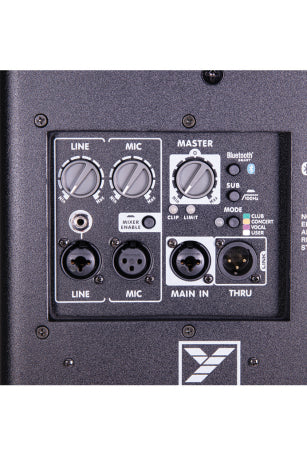 Elite 15” Powered Loudspeaker 2400 Watts peak (1200 watts program 15" Neo Woofer with 3" Voice Coil and & 3” titanium compression driver on 60°x40° horn – Dedicated FOH Cabinet w/flying Hardware, built in mixer, and iOS and Android APP for remote control of DSP settings.