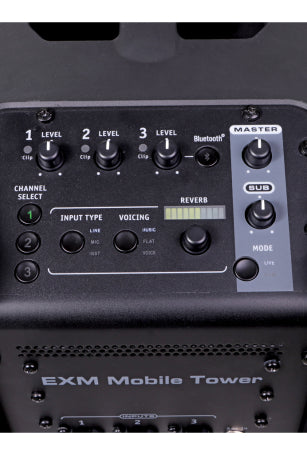 EXM MOBILE Tower -  battery-powered PA system. 4 3" midrange drivers, 10" subwoofer base, 3 channel mixer. 10 Hours of Battery Life.