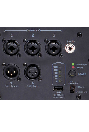 EXM MOBILE Tower -  battery-powered PA system. 4 3" midrange drivers, 10" subwoofer base, 3 channel mixer. 10 Hours of Battery Life.