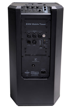 EXM MOBILE Tower -  battery-powered PA system. 4 3" midrange drivers, 10" subwoofer base, 3 channel mixer. 10 Hours of Battery Life.