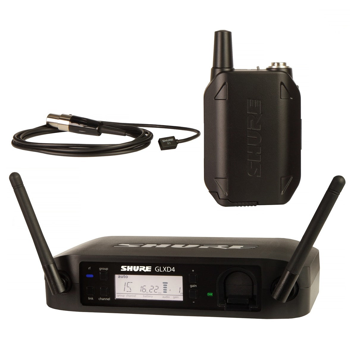 Shure GLXD14+/93-Z3, The GLXD-D+ Dual Band Wireless Presenter System features the miniature wearable WL93 lavalier microphone for spoken word applications and the GLXD4+ tabletop receiver