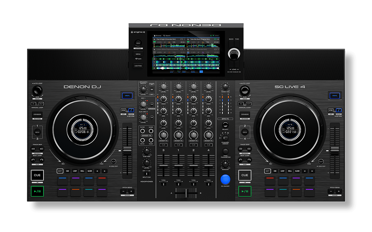 Denon DJ SC LIVE 4, 4-Deck Standalone DJ System with 7-Inch Touchscreen and Built-In Speakers, Black