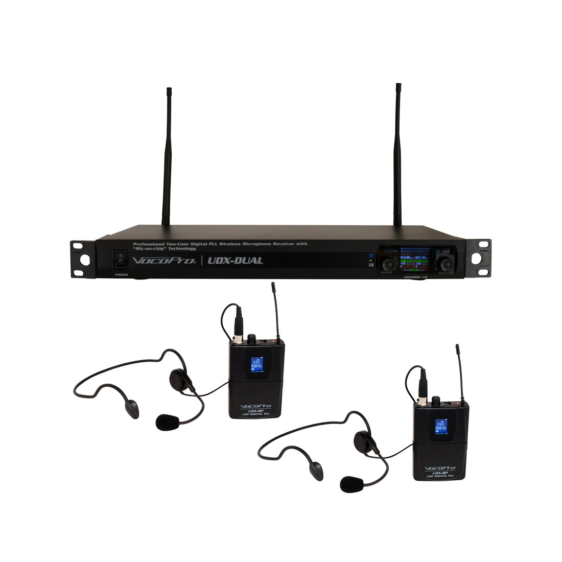 VocoPro UDX-DUAL-BODYPACK - Professional Digital UHF PLL Wireless Mic System with Two Headset Mics and Bodypack Transmitters