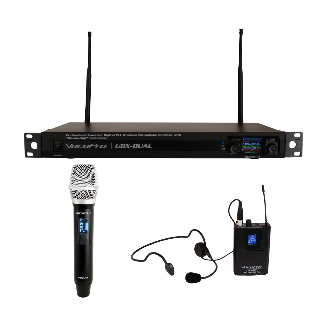 VocoPro UDX-DUAL-COMBO - Professional Digital UHF PLL Wireless Mic System with One Handheld Vocal Microphone and One Headset Microphone with Bodypack Transmitter