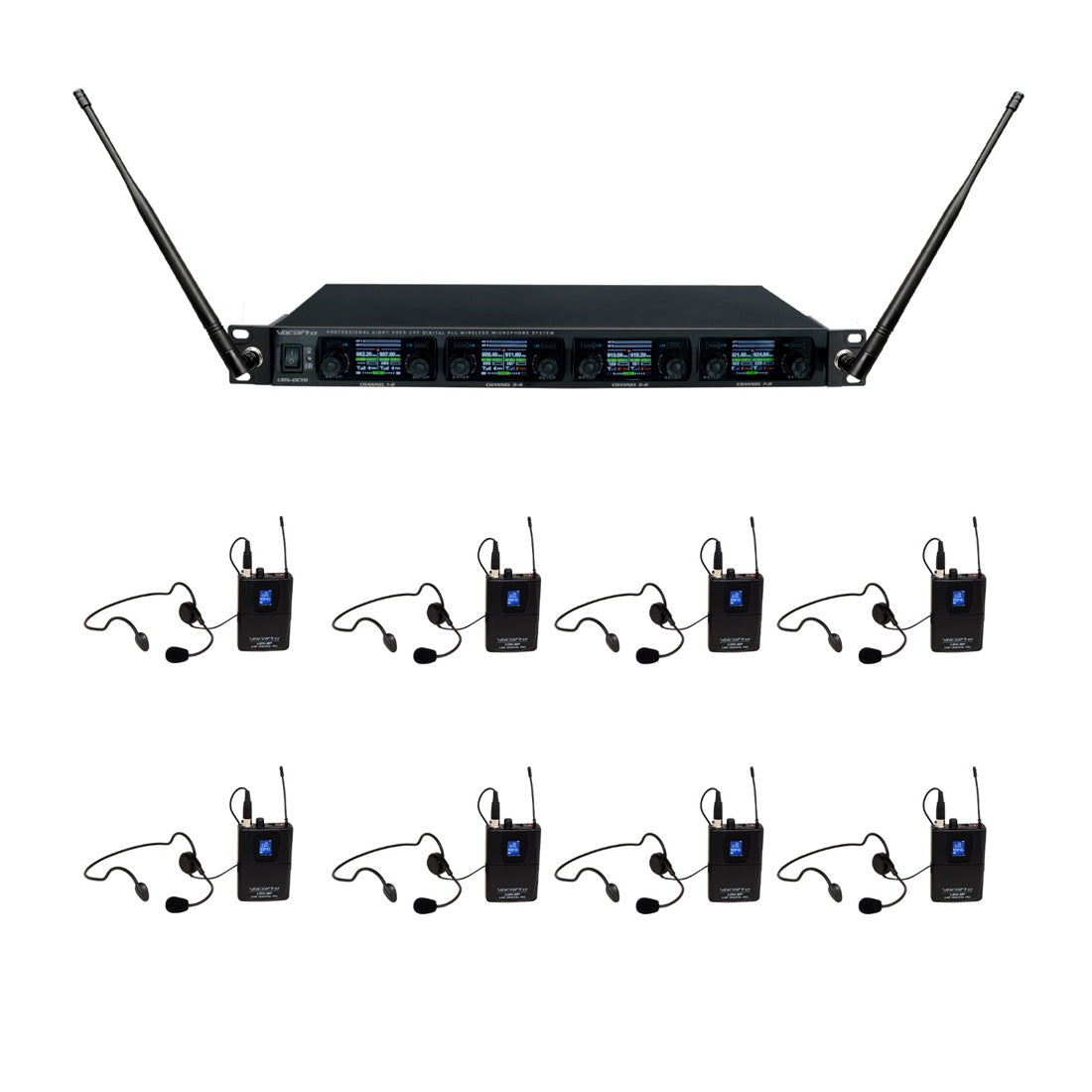 VocoPro UDX-PLAY-8 - Professional Digital UHF PLL Wireless Mic System with Eight Headset Vocal Microphones