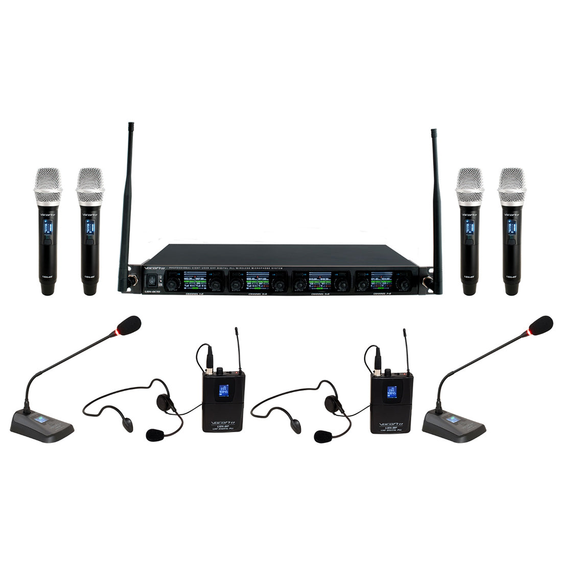 VocoPro UDX-WORSHIP - 8-User Digital PLL Combo Wireless Mic System with Handheld, Headset, and Podium Mics