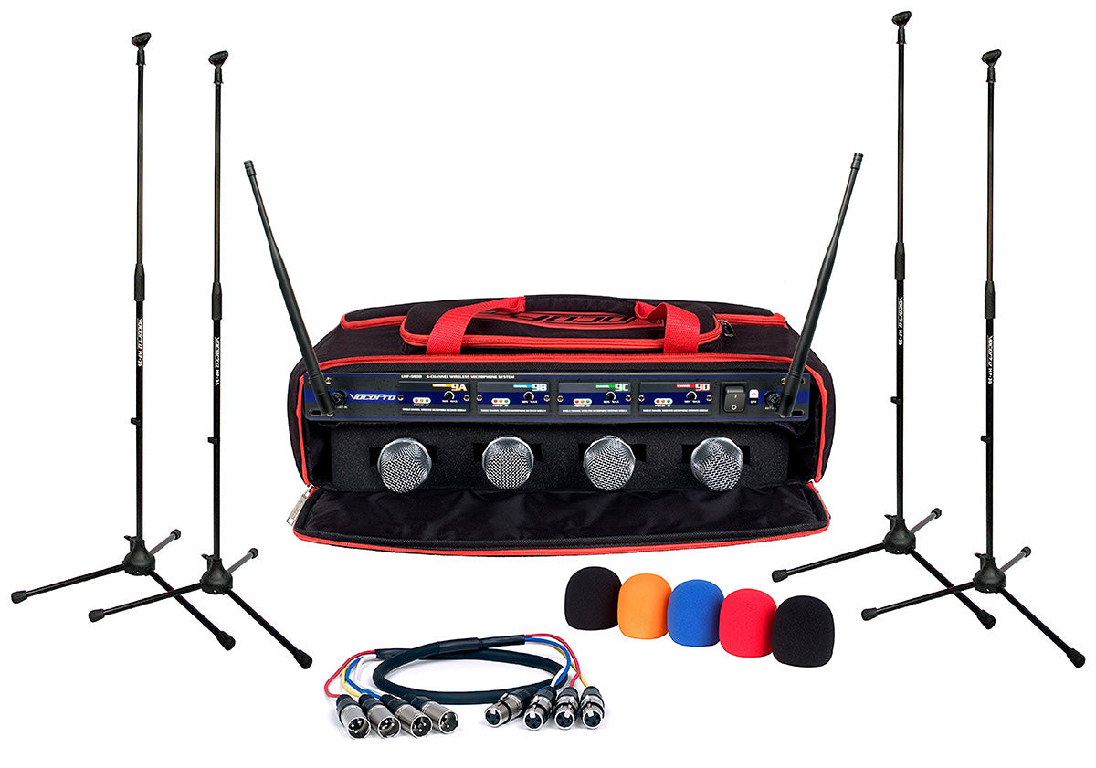 VocoPro UHF-5800-XL - Professional 4 Channel UHF Wireless Microphone System with Mic Stands