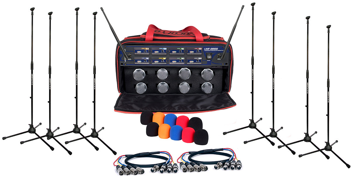 VocoPro UHF-8800-XL - 8 Channel UHF-Wireless Microphone System with Mic Stands