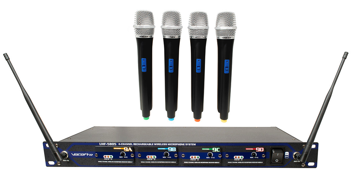VocoPro UHF-5805-9 - Professional Rechargeable 4 Channel UHF Wireless Microphone System