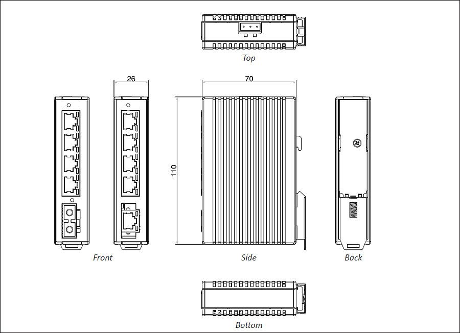 EtherWAN EX42005-00-1-A, Industrial Unmanaged 4 to 5-port 10/100BASE-TX and 1-port 100BASE-FX Ethernet Switch