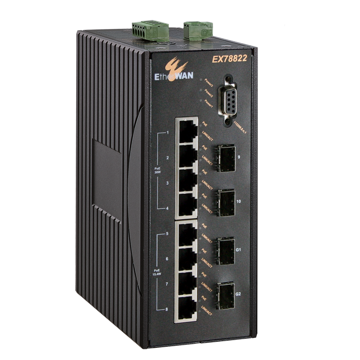 EtherWAN EX78802-0VBT, Hardened Managed 4 to 10-port 10/100BASE (8 x PoE) and 2-port Gigabit Ethernet Switch