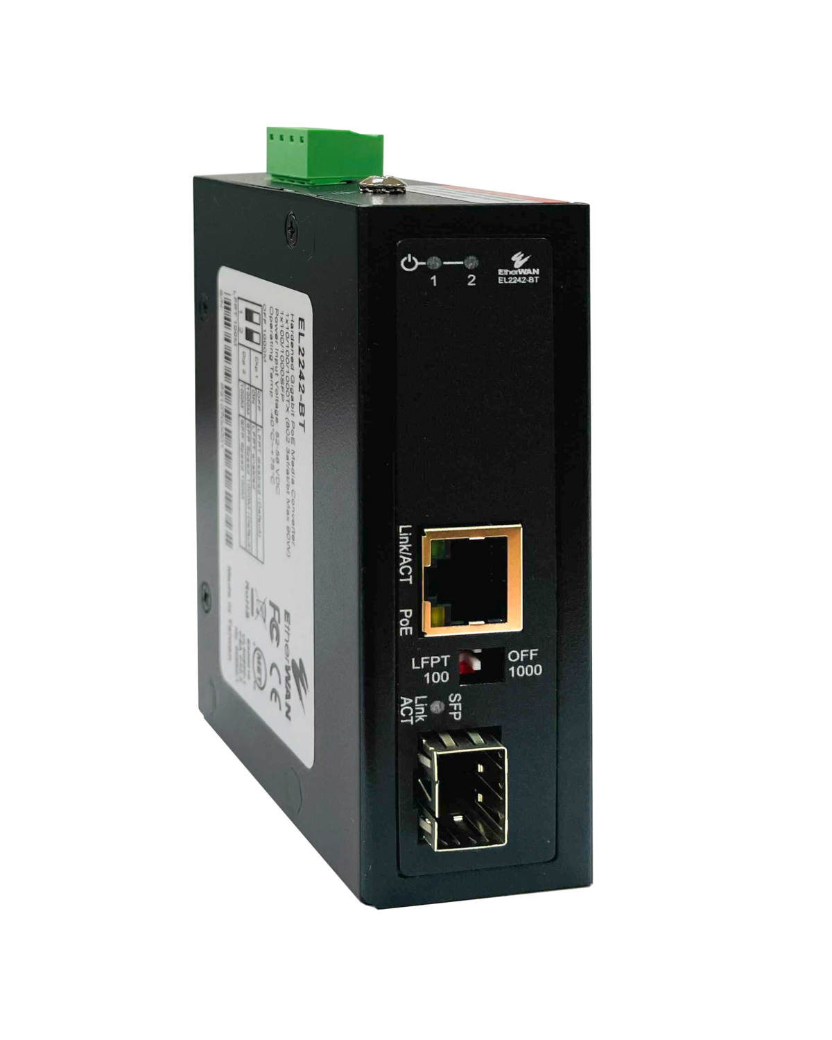 EtherWAN EL2242-BT, Hardened Gigabit 90W PoE Media Converter