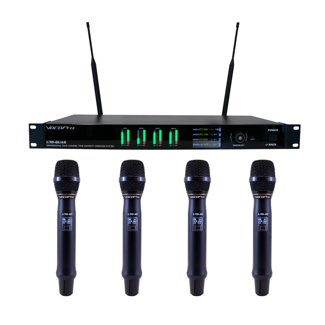 VocoPro UTD-QUAD-ACAPELLA - Quad True-Diversity Professional Digital Wireless PLL Microphone System with Four Handheld Microphones