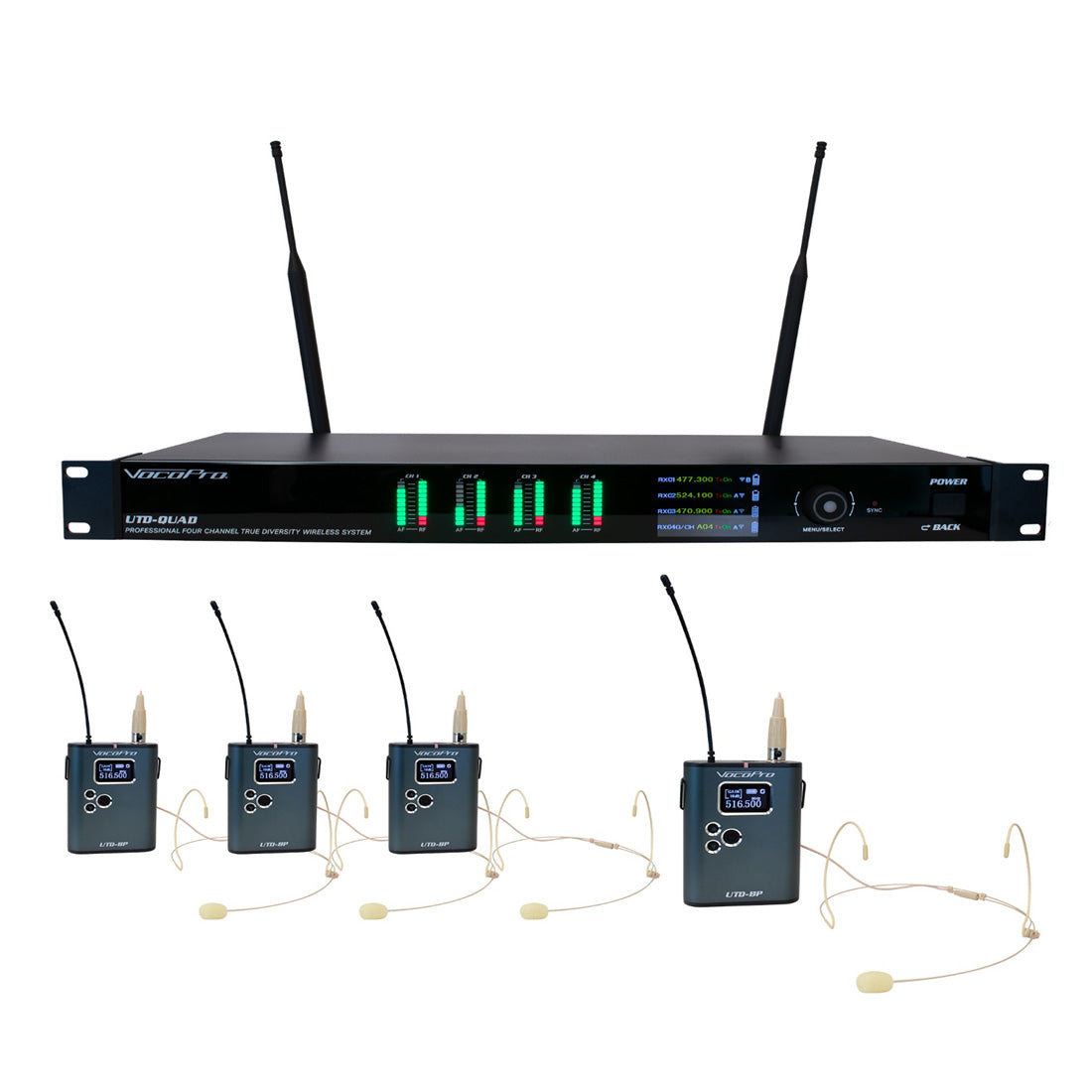 VocoPro UTD-QUAD-PLAY - Quad True-Diversity Professional Digital Wireless PLL Microphone System with Four Bodypack/Headset Microphones